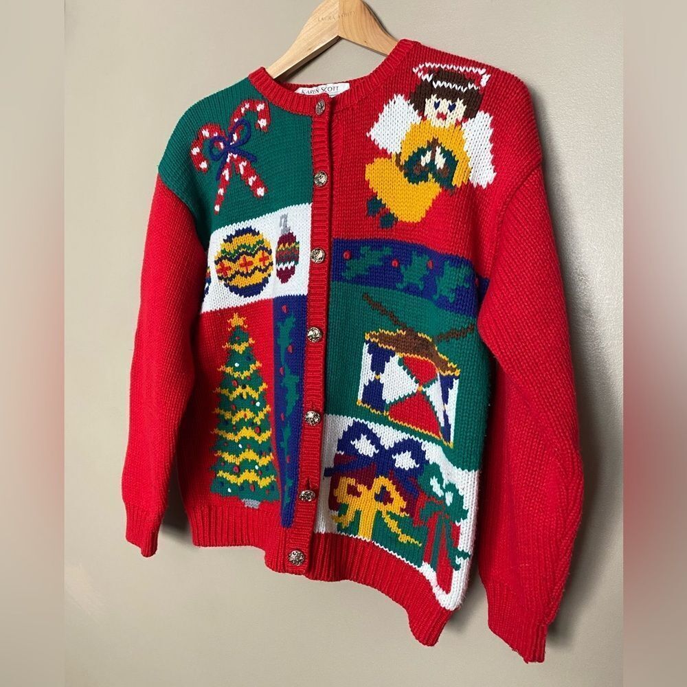 KAREN SCOTT vintage 90s knit Christmas cardigan holiday sweater cute granny L - Picture 8 of 16